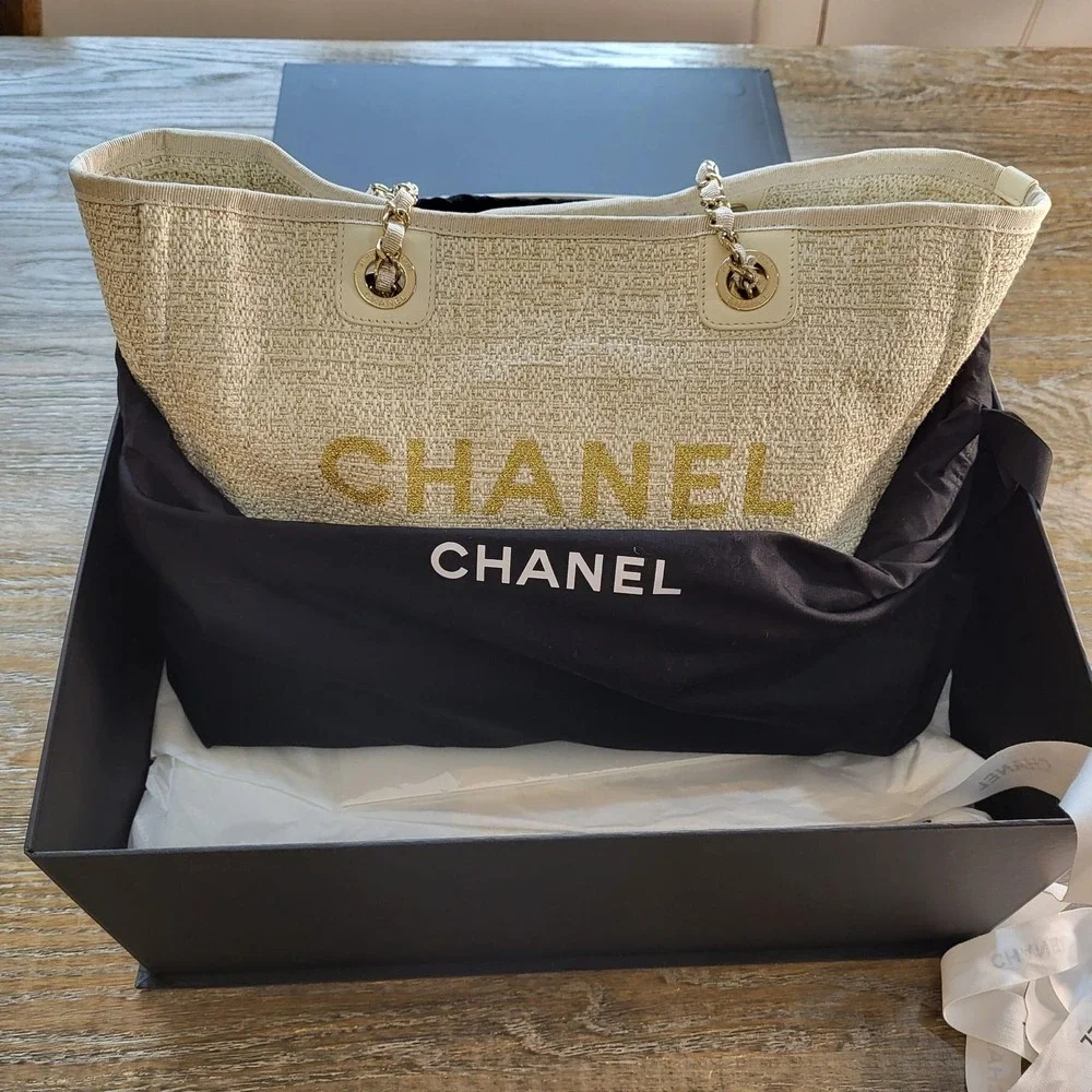 Chanel Lurex Boucle Small Deauville Tote Bag Ivory Gold 31 Rue Cambon 27202807